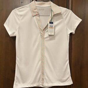 IZOD Women's White Button Down Shirt with Patterned Trim